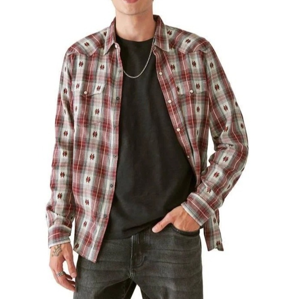 Lucky Brand Men's Red Plaid Dobby Western Shirt Pearl Snap Long Sleeve Size XL
